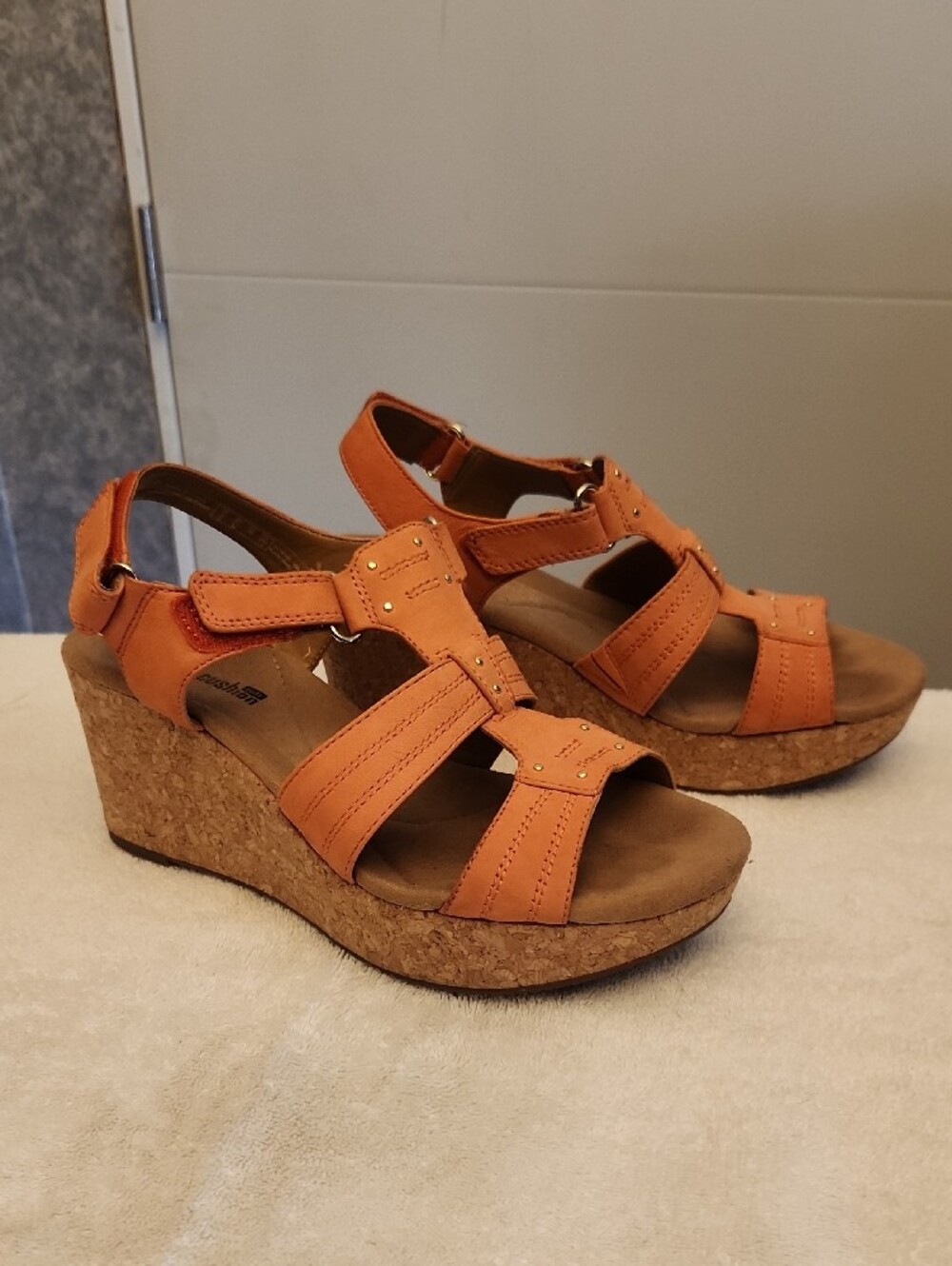 Clarks Women's Orange Cork Wedge Sandals, size 7.5